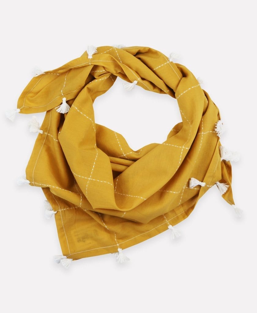 Organic Cotton Square Scarf With Tassels - Gold Grid - Sustainable ...