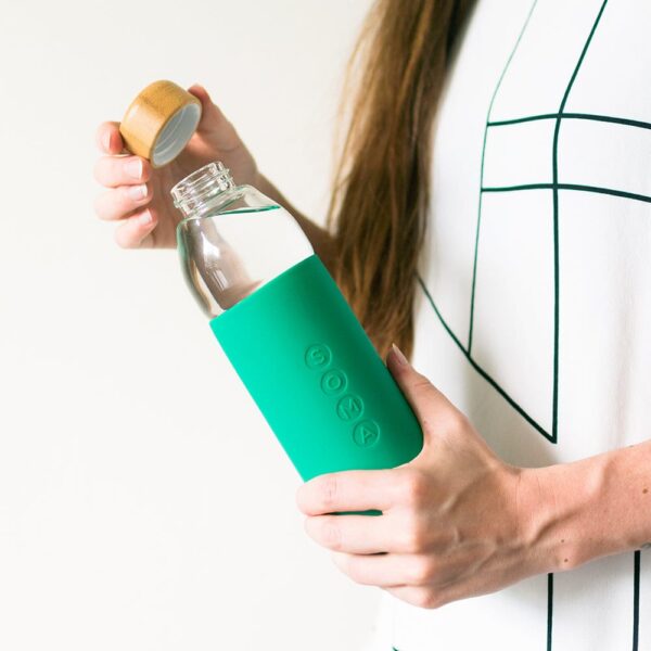 Glass Water Bottle with Silicone Sleeve - Emerald 17oz - Sustainable Travel  & Living